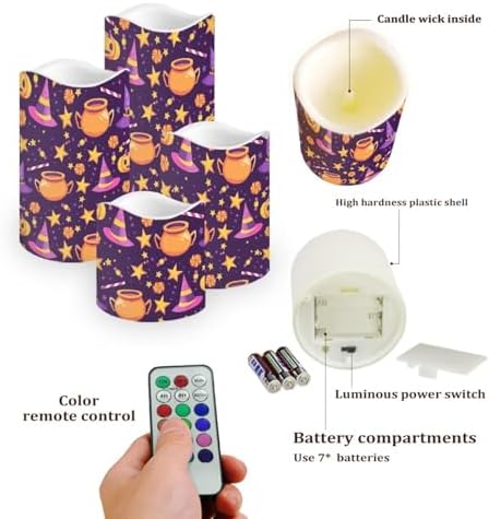 Flameless Candles Battery Operated Candles with Remote Control and Timers Color Changing Halloween Party Decor Accessories Flickering LED Pillar Candles Set of 4 Halloween Pattern - Image 3