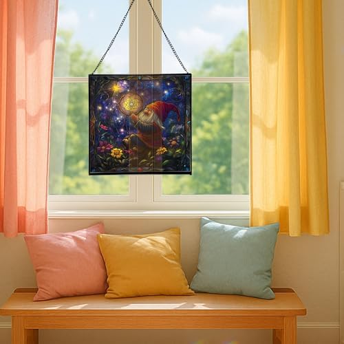 Gnome with Dreamcatcher Stained Glass Suncatcher – Square Hanging Window Panel for Home or Greenhouse – Whimsical Glass Art Gift for Garden Lovers, Christmas, Halloween, Father Days vrZDDK - Image 5