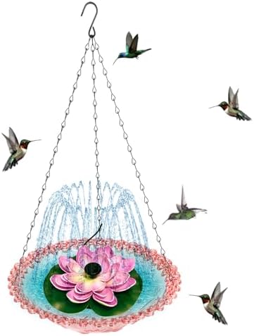 Hanging Bird Bath - Bird Bath Bowl with Solar Fountain Pump - Deck Mount Metal Bird Bath Bowl Powered by Water Fountain Pump for Outdoor Garden - Solar Powered Bird Bath Fountain (Pink) by Copfeu