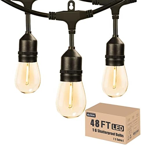 Achin Outdoor String Lights 48FT Dimmable Warm 2200K LED Patio Lights Outdoor Waterproof with 16 Plastic Bulbs Shatterproof String Lights for Outside Deck Gazebo Bistro Lights by Achin