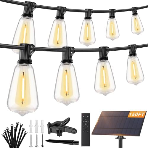 Brightever 150FT Solar String Lights Outdoor Waterproof with Remot, 55+2 Shatterproof ST38 LED Bulbs, Dimmable & 3 Lighting Modes, Warm White Solar Patio Lights for Balcony, Deck, Wedding by Brightever