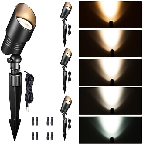Landscape Spotlights Low Voltage - 2700K/3000K/3500K/4000K/5000K Selectable Uplights, 12V Wired LED Spot Lights Outdoor Waterproof, Aluminum Black for Outside Trees Wall 4 Pack by Varmtalys
