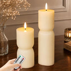 Flameless Candles with Remote Timer, Set of 2 Ivory Ribbed Pillar Candles by SEHNSY