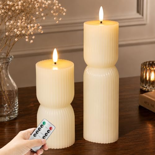 Flameless Candles with Remote Timer, Set of 2 Ivory Ribbed Pillar Candles by SEHNSY