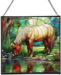 Palomino Rocky Mountain Horse grazing beside shallow stream Square Suncatcher –Stained Glass Style Window Panel with Pastoral Scene, Custom Decorative Hanging Art for Equestrian Home, Christmas cmdrvG by Custom