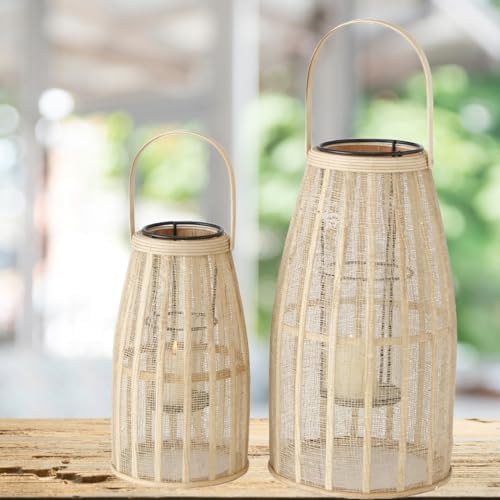 Rattan Bamboo Hurricane Lantern Candle Holder, Cage Design, Glass Insert - Image 6