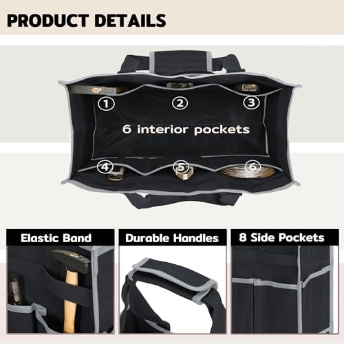 Tool Bag,Tool Pouch with 6 Pockets,Heavy Duty Waxed Canvas Garden Tool Bag Tool Case,16.5 x 7 x 12 Inch & Black - Image 3