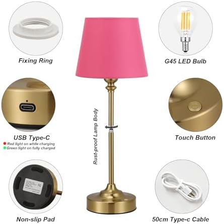 Cordless Table Lamps Rechargeable Set - 2 Pack Brass 4000mAH Battery Operated Lamps for Decor, 3000K Stepless Dimming Touch Control Wireless Lamps for Bedroom, Dining Table, Living Room, Rose Shade - Image 6