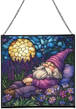 Lavender Rest Gnome Stained Glass Suncatcher – Square Hanging Window Panel for Home or Greenhouse – Whimsical Glass Art Gift for Garden Lovers, Christmas, Halloween, Father Days iDlDMB by Custom