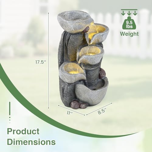Giantex 5-Tier Outdoor Water Fountain with Lights, 17.5 Inch Cascading Bowls Tabletop Waterfall Fountain with Pump, Resin Garden Water Feature for Indoor Outdoor Patio, Yard, Porch Decor - Image 7