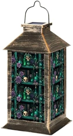 Solar Lantern Outdoor Garden Hanging Lantern Dark Green Shelf Skulls Vintage Books Purple Flowers Gothic Waterproof Solar Powered Lighting Outside Table Lamp for Patio Deck Yard Camping by Unknown