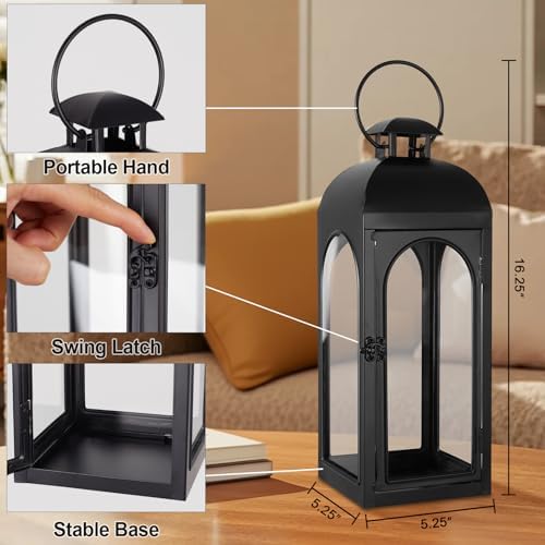 Lantern Decorative Indoor & Outdoor, 16.25IN Large Hanging Candle Lanterns, Black Metal Decorative Candle Lanterns, Waterproof Hanging Lantern for Porch Patio Wedding Home - Image 2