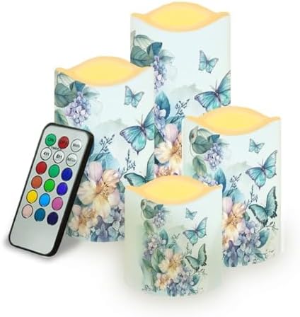 Flameless Candles with Remote Control and Timers Color Changing Pillar Candles Battery Operated Home Room Decor Electric Fake Candles for Table Beach Wedding Butterfly and Flower by Uorisanigo