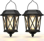 Solar Lanterns Outdoor Waterproof, Hanging Solar Lights with Glass Shade - 2 Pack LED Metal Wall Mount Outdoor Light for Yard/Garden/Patio - Black by TEKLAPS