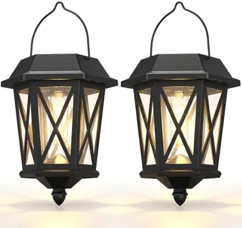 Solar Lanterns Outdoor Waterproof, Hanging Solar Lights with Glass Shade - 2 Pack LED Metal Wall Mount Outdoor Light for Yard/Garden/Patio - Black by TEKLAPS