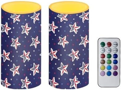 Set of 2 Flameless Candles, Led Battery Operated Candles, American Flag Stars Outdoor Indoor Lights with 18-Key Remotes Timer for 4th of July Party, Holidays, Home Decorations by Merkmak