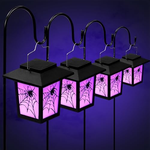 4 Pack Halloween Solar Lights 4.7 Inch Spider Purple Solar Pathway Lights by Glooglitter