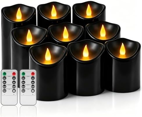 Flameless Candles 4" 5" 6" Set of 9 Outdoor Indoor Pillars Battery Operated Flickering Candles Include 8-Key Remote Timer Function Black Fake LED Candles for Wedding, Aniversary,Christmas Decor by Artmarry