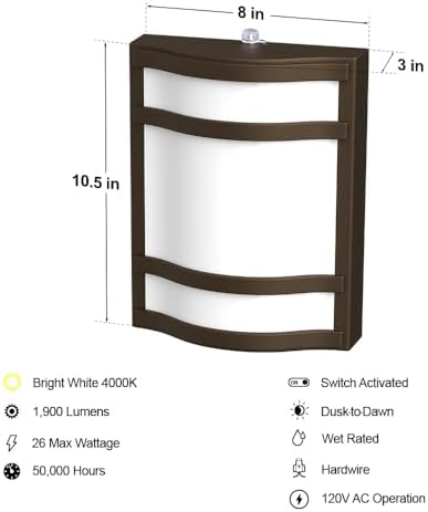 Feit Electric Decorative Outdoor Wall Light, 1900 Lumens, 4000K Bright White, Dusk-to-Dawn Photocell Sensor, Weather-Resistant LED Exterior Wall Sconce, Half-Moon Design, S10.5WM/840/BZ - Image 3