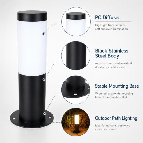 Hardwired Outdoor Bollard Light, Black Stainless Steel Cylinder Lamp - Image 4