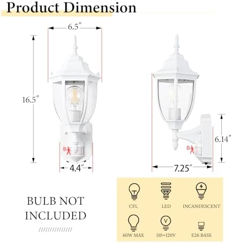 Porch Lights Outdoor Motion Sensor Wall Sconce Anti-Rust Aluminum, Exterior Outdoor Wall Lights Dusk to Dawn Porch Light Fixture Wall Mount for House Outside Patio 2Pack White - Image 6