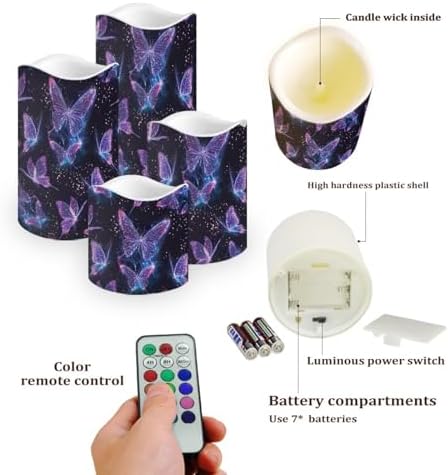 Purple Butterfly Flameless Candles with Remote Timer Battery Powered LED Candles Color Changing Pillar Electric Fake Candles Bulk for Indoor Set of 4 - Image 3