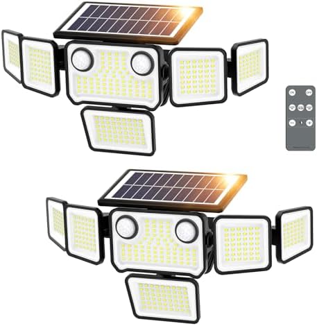 6000LM Solar Lights Outdoor Waterproof, 6 Heads Solar Flood Lights Outdoor with 2 Motion Sensor, 310 LED Motion Light with Remote Control for Yard Outside House Patio 2 Pack by SZPOWER