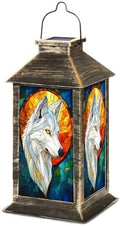 Solar Lantern Wolf Stained Glass Portrait Golden Sun Halo Blue Mosaic Wildlife Art Outdoor Waterproof Hanging Solar Light Outside Lights for Patio Yard House Lawn Decor Birthday Gifts for Women Mom by Unknown