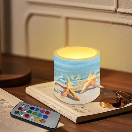Pack of 4 Flickering Flameless Candles with Remote Outdoor Battery Operated LED Candles with Timer Elictric Pillar Lights for Beach Wedding Coastal Home Decoration, Beach Starfishes - Image 2