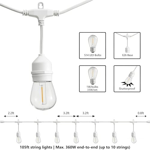 SUNTHIN 105FT White Outdoor String Lights, 34 1W LED Bulbs - Image 2
