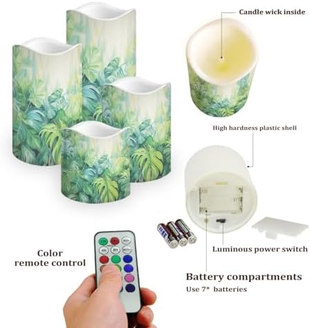 Palm Leaf Battery Operated Candles with Flickering Flame 4 Pack LED Pillar Candles with Remote Realistic Flameless Lights for Outdoor Patio Poolside or Garden Path Holiday Gifts - Image 3