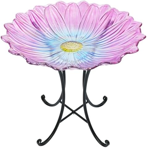 MUMTOP Outdoor Glass Bird Bath with Metal Stand for Yard Garden Decor, Pink by MUMTOP