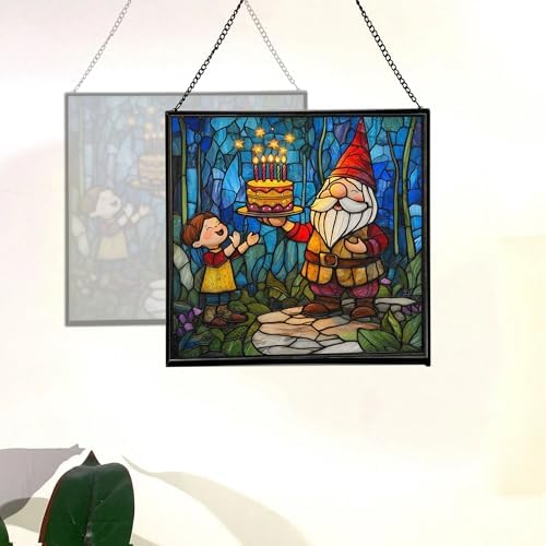 Gnome with Birthday Cake Stained Glass Suncatcher – Square Hanging Window Panel for Home, Garden, Nursery, Halloween, Christmas, Memorial Day – Whimsical Glass Art Gift for Gnome Lovers ttxab9 - Image 4