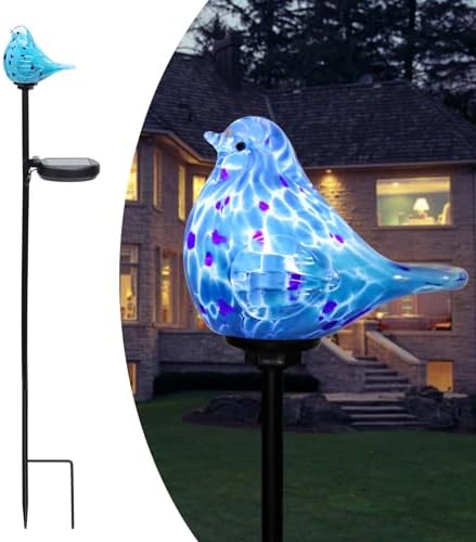 Afirst Solar Garden Lights, Hand-Blown Glass Bluebird Outdoor Garden Decor by Afirst