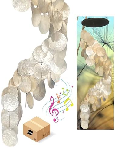 Bellaa 24537 Wind Chimes Outdoor, Garden Decorations, Musical, Indoor/Outside Windchimes, Beach, Ocean Breeze, Gifts for Mom, Gift for All Occasions, Capiz Sea Glass Shells Wood 27 inch White Gold by Bellaa