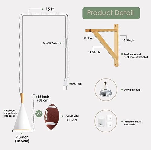Hanging Grow Light, 20W Full Spectrum Pendant Grow Lights 15FT Power Cord, Decorative Grow Light for Indoor Plants, Flowers, Garden (Ceiling Mounted Hooks&Wall Mounted Bracket Included - Image 3