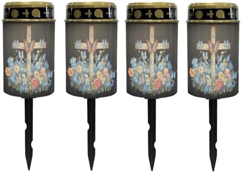 Poceacles Cross Solar Lights Solar Outdoor Lights Outdoor Waterproof Stake Solar Lights Votive Candles Grave Solar Candles for Memorial Day Decorations, Blue Butterfly Floral Cross Black, Pack of 4 by Poceacles