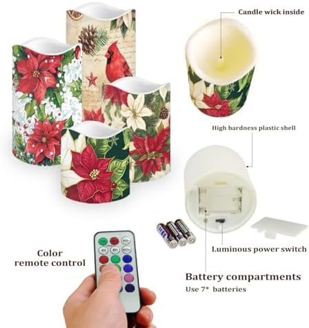Poinsettia Plastic Flameless Candles with Remote Christmas LED Flickering Battery Operated Color Changing Electric Pillar Candles Christmas Decorations - Image 3