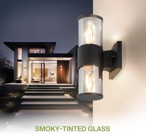 ASD Smoky Glass Outdoor Wall Lights - Up & Down 60W 120V E26 Base ETL Exterior Lighting Fixtures, LED/CFL/Incandescent Bulb Outdoor Lights for House, Waterproof Patio Wall Sconces & Porch Decor 2 Pack - Image 4
