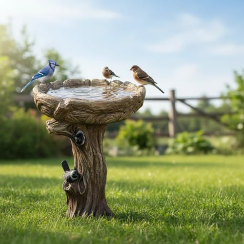 SunJet 23 Inch High Wood-Look Concrete Bird Bath with Decorative Faux Bird – Birdbath Rustic & Long-Lasting Design, Enhances Garden, Patio, Yard, Lawn Decor - Image 2