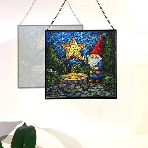 Starwell Gnome Wish Stained Glass Suncatcher – Square Hanging Window Panel for Home or Greenhouse – Whimsical Glass Art Gift for Garden Lovers, Christmas, Halloween, Father Days MZZ4pH - Image 4
