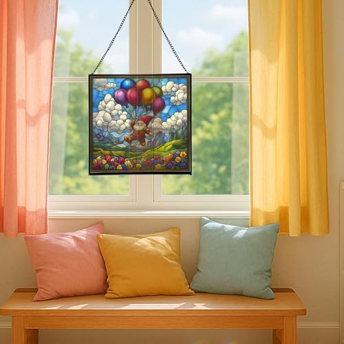 Balloon Flight Gnome Stained Glass Suncatcher – Square Hanging Window Panel for Home or Greenhouse – Whimsical Glass Art Gift for Garden Lovers, Christmas, Halloween, Father Days RCJoS8 - Image 5