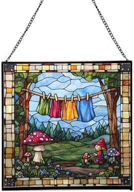 Gnome Hanging Laundry Stained Glass Suncatcher – Square Hanging Window Panel for Home, Garden, Nursery, Halloween, Christmas, Memorial Day – Whimsical Glass Art Gift for Gnome Lovers covd1h by Custom