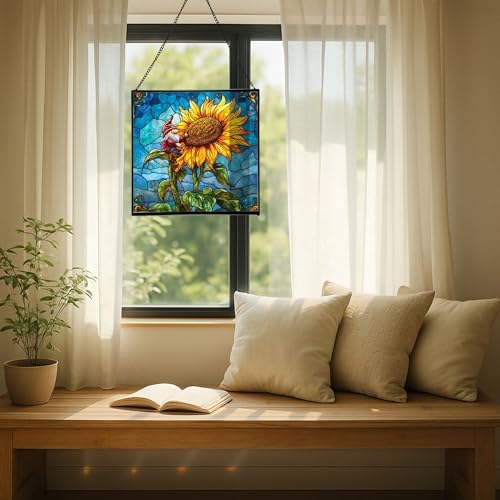 Sunflower Climb Gnome Stained Glass Suncatcher – Square Hanging Window Panel for Home or Greenhouse – Whimsical Glass Art Gift for Garden Lovers, Christmas, Halloween, Father Days PWjhXc - Image 7