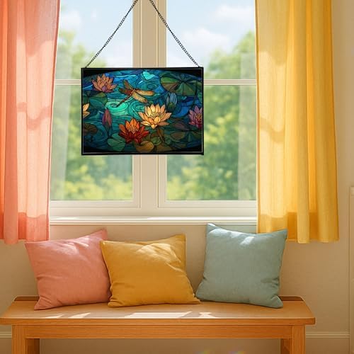 Dragonfly Over Water Lilies Rectangular Stained Glass Suncatcher – Hanging Window Panel with Animal & Nature Scene – Vibrant Glass Art Gift for Wildlife, Fantasy, Nature Lovers pCgY2X - Image 5