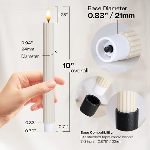 6 Pack, 10" LED Flameless Real Wax Cream Beige Fluted Ribbed Grooved Taper Candles, Remote & 24h Timer Memory, On/Off Button, Dimmable, Flicker Mode, Battery Operated, Wedding - Image 4