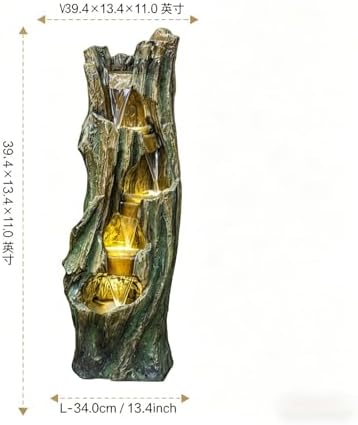 39.4" Outdoor Waterfall Fountain with LED Lights, Freestanding Cascading Water Feature, Fiberglass Resin Tree Design Garden Fountain for Patio, Backyard, Balcony and Entryway Decor - Image 2