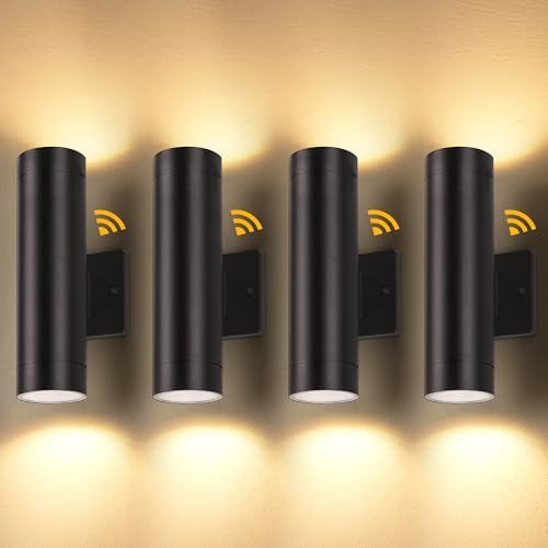 LUTEC Dusk to Dawn Outdoor Wall Lights, 16W Integrated LED Cylinder Up-Down Sconce, 3000K Waterproof Aluminum Exterior Lighting, Matte Black Modern Porch and Entryway Wall Light Fixture, 4 Pack by LUTEC