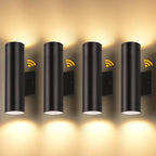 LUTEC Dusk to Dawn Outdoor Wall Lights, 16W Integrated LED Cylinder Up-Down Sconce, 3000K Waterproof Aluminum Exterior Lighting, Matte Black Modern Porch and Entryway Wall Light Fixture, 4 Pack by LUTEC