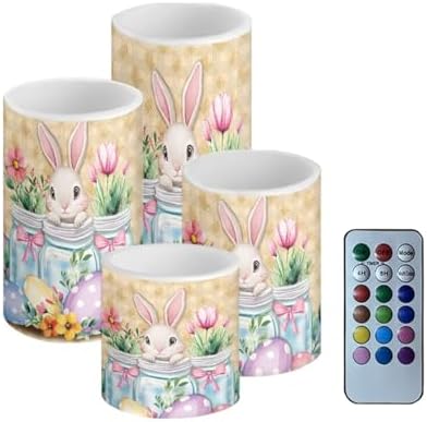 Easter Bunny Tulip Flamless Candles Flickering LED Battery Operated Elictric Pillar Candles with Color Changing Timer Remote Control for Indoor Outdoor Easter Day Party Home Decorations by Merkmak